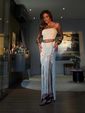 CONJUNTO VERANO OFF - TOP, SAIA E HOT PANT , FIOS DE SEDA