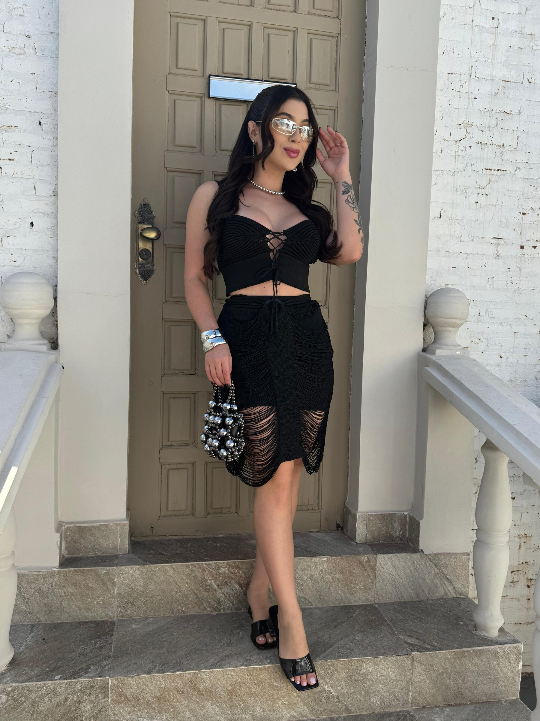 CONJUNTO MIRAGE BLACK - CROPPED E SAIA , FIOS DE SEDA