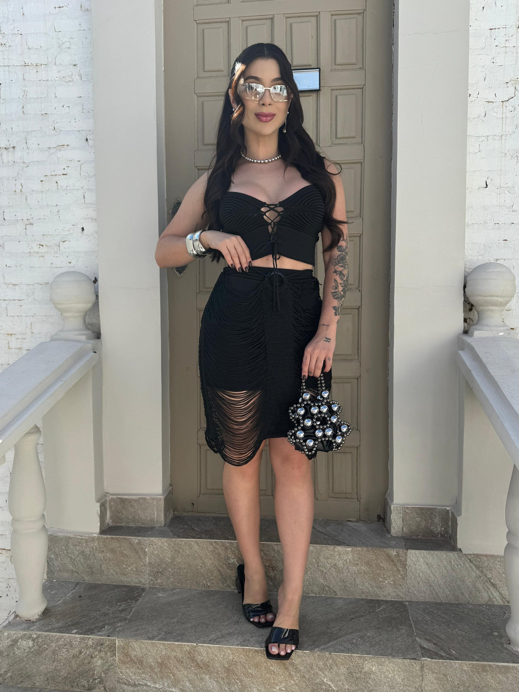 CONJUNTO MIRAGE BLACK - CROPPED E SAIA , FIOS DE SEDA