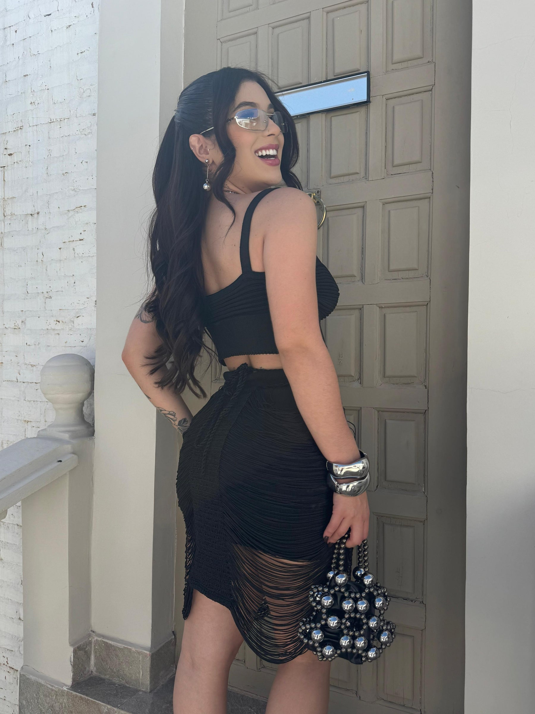 CONJUNTO MIRAGE BLACK - CROPPED E SAIA , FIOS DE SEDA