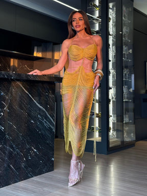 VESTIDO MALDIVAS GOLD - COM HOT PANT , FIOS DE SEDA