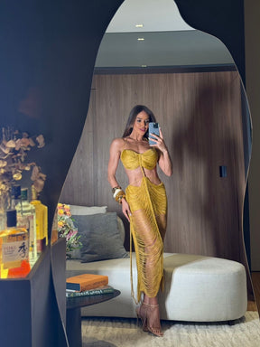 VESTIDO MALDIVAS GOLD - COM HOT PANT , FIOS DE SEDA