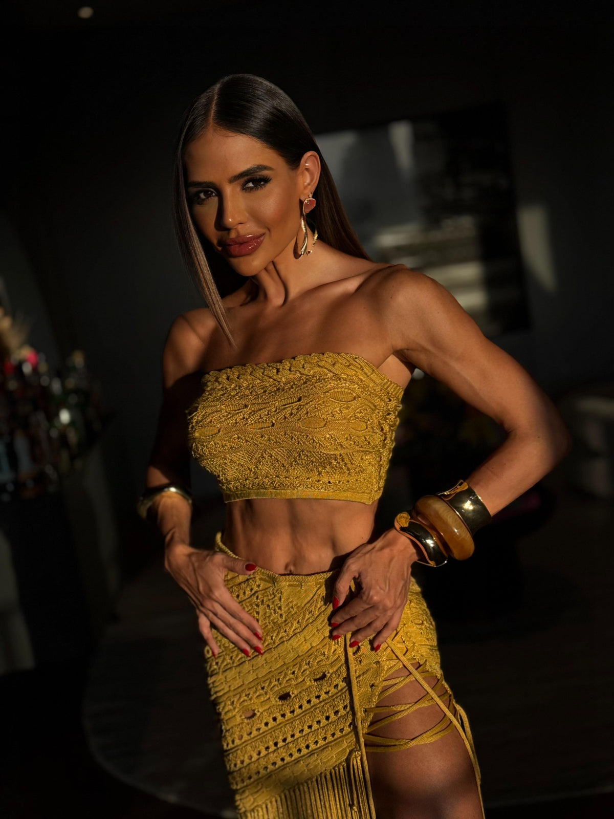 CONJUNTO VERANO GOLD - TOP, SAIA E HOT PANT , FIOS DE SEDA